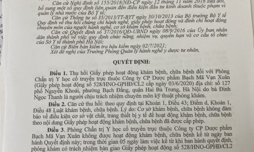 Phòng chẩn trị Y học cổ truyền Vạn Xuân bị thu hồi giấy phép hoạt động