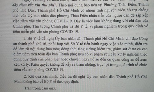Điều tra và làm rõ việc tiêm vaccine COVID-19 thu phí tại Tp.HCM