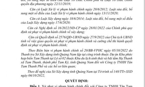 Quảng Nam: Xây dựng công trình không phép, Công ty TNHH Tân Tam Thanh Phố bị xử phạt
