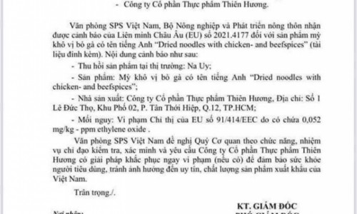 Mỳ gói của Công ty Thiên Hương bị Na Uy thu hồi vì nghi chứa chất gây ung thư