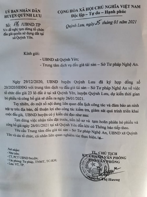 Nghệ An: Vì sao huyện Quỳnh Lưu ra văn bản dừng ngay việc tổ chức đấu giá 23 lô đất?