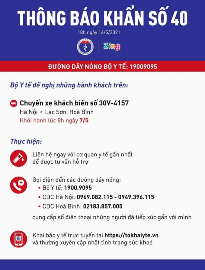 Bộ Y tế tìm người trên chuyến xe từ Hà Nội tới Hòa Bình