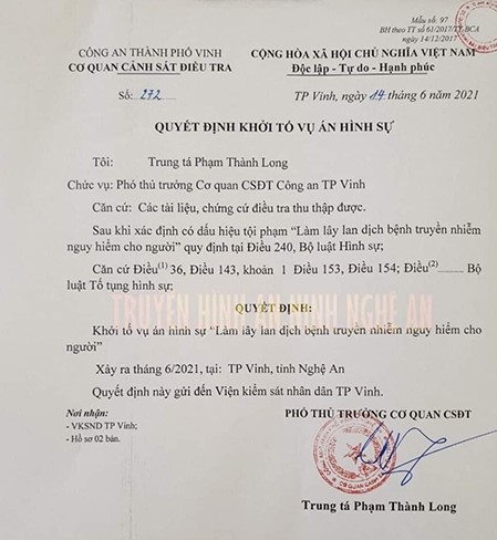 Nghệ An: Khởi tố vụ án hình sự "Làm lây lan dịch bệnh truyền nhiễm nguy hiểm cho người"