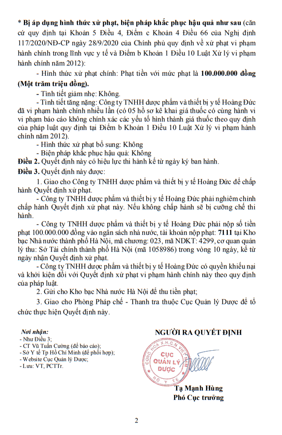 Công ty TNHH dược phẩm và thiết bị y tế Hoàng Đức bị phạt 100 triệu đồng vì khai gian giá thuốc