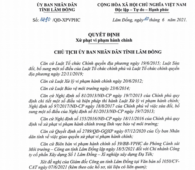 Xả chất thải nguy hại vào môi trường, Công ty Cổ phần Xây dựng số 1 Lâm Đồng bị phạt