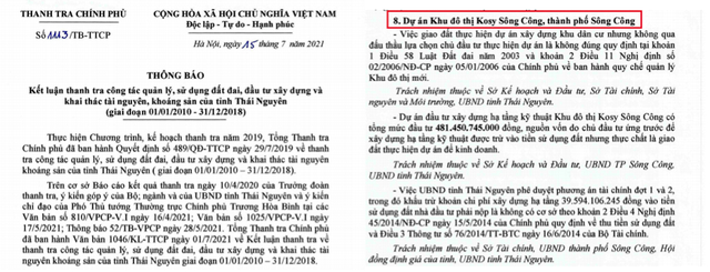 Thanh tra Chính phủ kết luận nhiều sai phạm tại dự án Kosy Sông Công của Tập đoàn Kosy