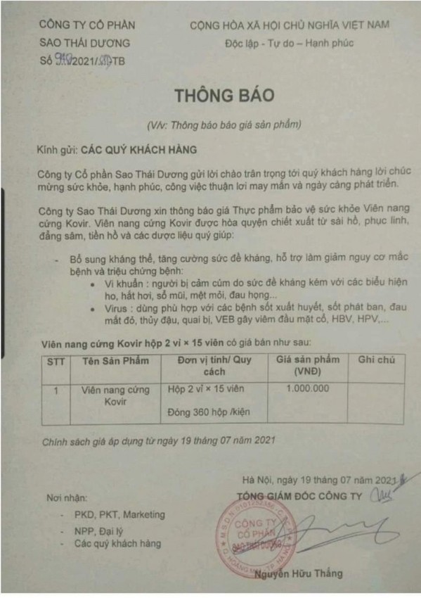 Sao Thái Dương bị cáo buộc tăng giá thực phẩm bảo vệ sức khỏe Kovir giữa mùa dịch?