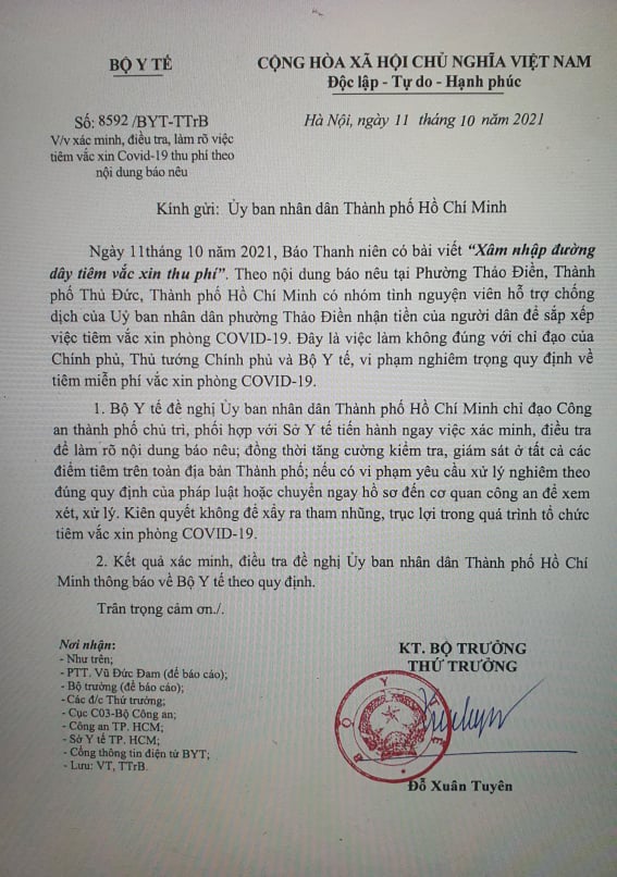 Điều tra và làm rõ việc tiêm vaccine COVID-19 thu phí tại Tp.HCM