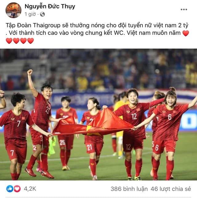 Bầu Thụy thưởng nóng 2 tỷ đồng cho đội tuyển bóng đá nữ Việt Nam