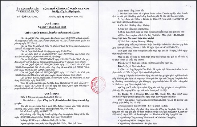 Hai doanh nghiệp 'bán chui' dự án HUD tại Mê Linh bị phạt 420 triệu đồng