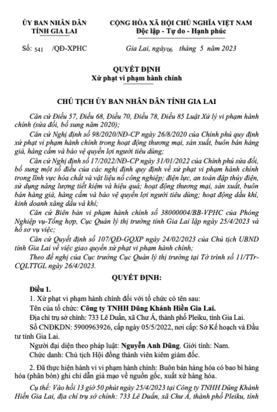 Công ty TNHH Dũng Khánh Hiền Gia Lai bị phạt gần 140 triệu đồng vì bán phân bón giả mạo xuất xứ