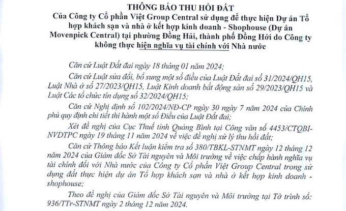 Quảng Bình: Thu hồi dự án Movenpick Central vì nợ thuế gần 100 tỷ đồng